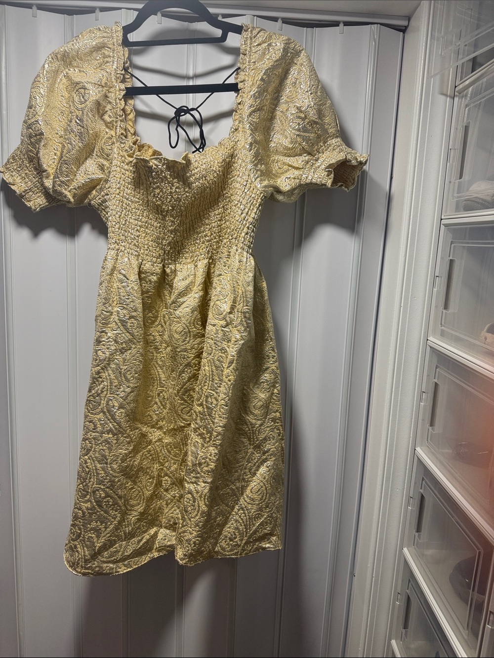 Hill House Gold Paisley Smocked Puff Sleeve Dress